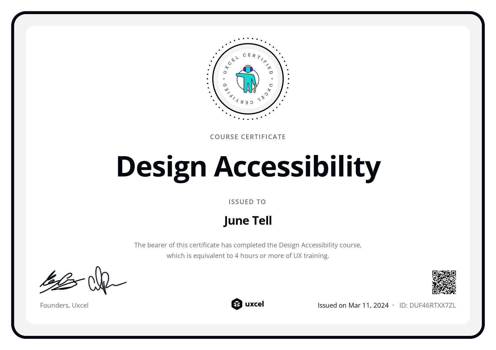 June Tell's certificate